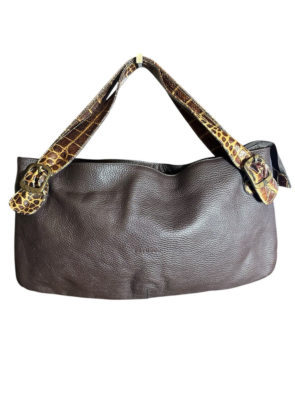 Petusco leather made in Spain Shoulder Bag tote brown w/ croc handles buckle